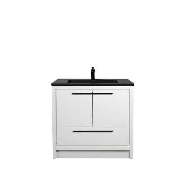 Meuble-lavabo simple autoportant Ember de GEF 36 po blanc à comptoir de composite de quartz noir