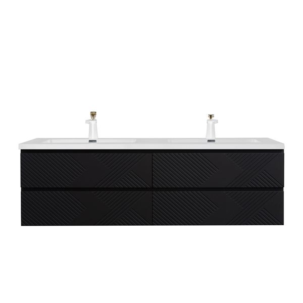 Meuble-lavabo double mural Rylee GEF noir mat à comptoir marbre synthétique blanc lustré 72 po