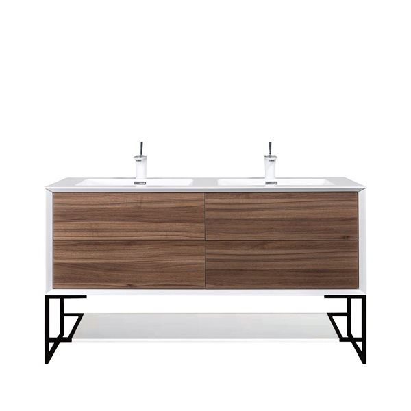 GEF Floy 60-in Walnut Freestanding Vanity with Ceramic Top and Metal Frame and Open Shelf