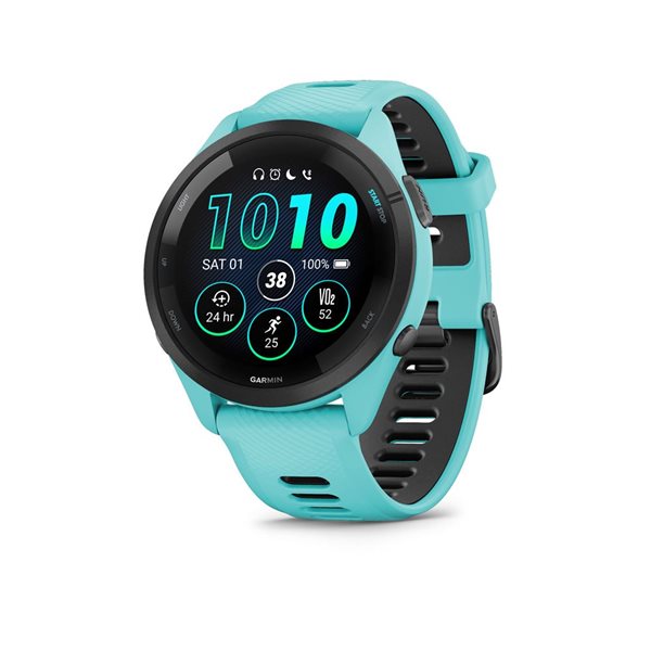 Montre intelligente GPS Garmin Forerunner 265 noire avec boîtier turquoise et bracelet en silicone turquoise/noir