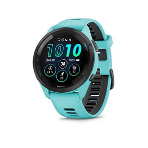 Montre intelligente GPS Garmin Forerunner 265 noire avec boîtier turquoise et bracelet en silicone turquoise/noir