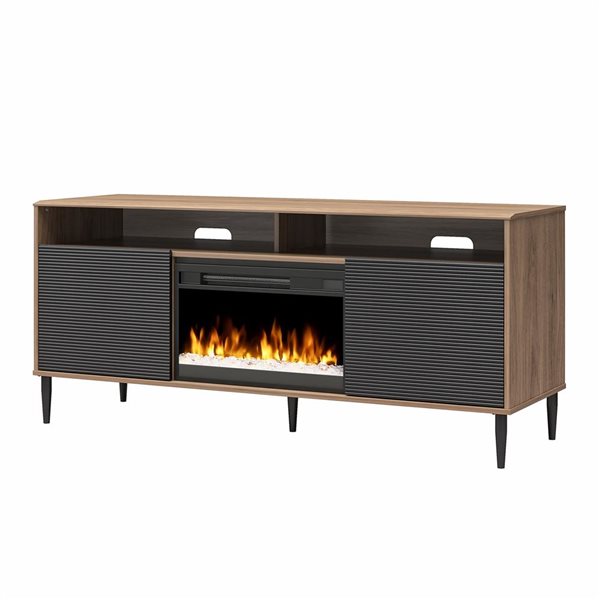 Mr. Kate Daphne Fluted Contemporary Electric Fireplace TV Stand for TVs up to 70-in Walnut/Black Painted Doors