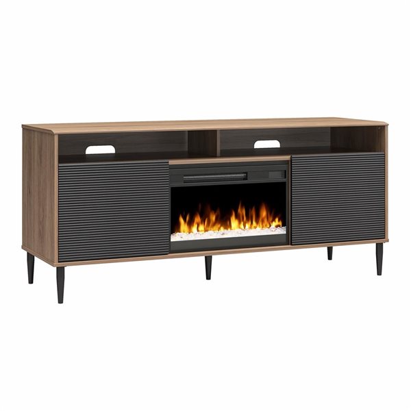 Mr. Kate Daphne Fluted Contemporary Electric Fireplace TV Stand for TVs up to 70-in Walnut/Black Painted Doors