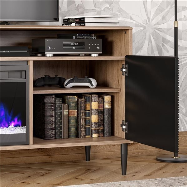 Mr. Kate Daphne Fluted Contemporary Electric Fireplace TV Stand for TVs up to 70-in Walnut/Black Painted Doors