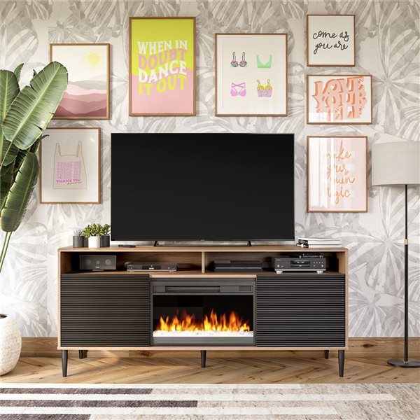 Mr. Kate Daphne Fluted Contemporary Electric Fireplace TV Stand for TVs up to 70-in Walnut/Black Painted Doors