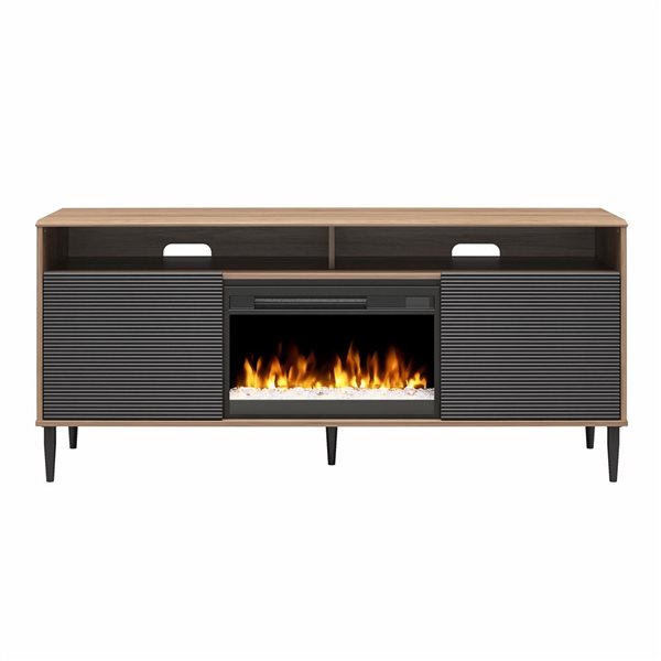 Mr. Kate Daphne Fluted Contemporary Electric Fireplace TV Stand for TVs up to 70-in Walnut/Black Painted Doors