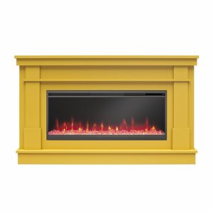 Novogratz Waverly Mustard Yellow Wide Mantel with Linear Electric Fireplace & Crystal Ember Bed