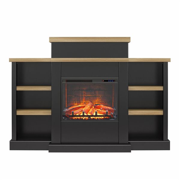 Ameriwood Home Gateswood Black and Natural Electric Fireplace with Mantel and Bookcase