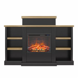 Ameriwood Home Gateswood Black and Natural Electric Fireplace with Mantel and Bookcase