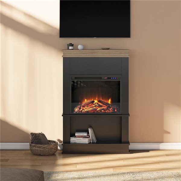 Ameriwood Home Mateo Black And Natural Electric Fireplace With Mantel 