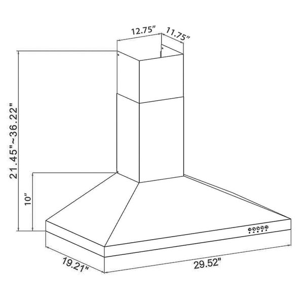 Hotte murale Sienna de Turin 30 po 600 pi³/min en acier inoxydable