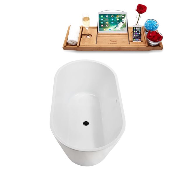 Baignoire autoportante ovale de 54 po Streamline acrylique blanc brillant avec drain centrale et plateau noir mat