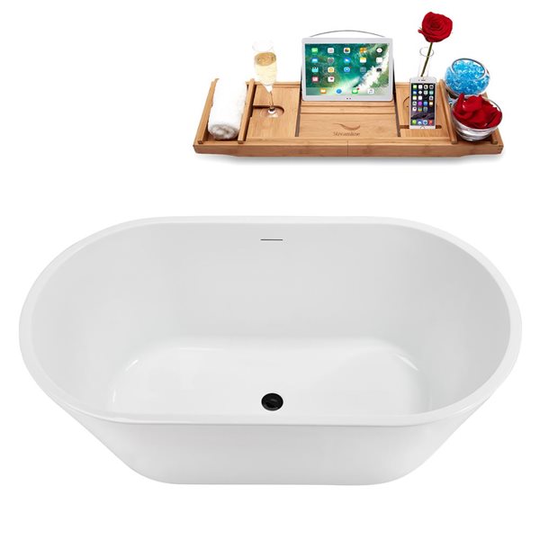 Baignoire autoportante ovale de 54 po Streamline acrylique blanc brillant avec drain centrale et plateau noir mat