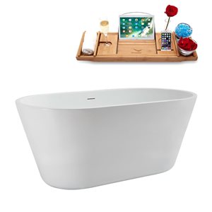 Baignoire autoportante ovale de 54 po Streamline acrylique blanc brillant avec drain centrale et plateau noir mat