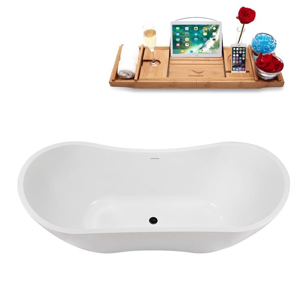 Baignoire autoportante ovale de 71 po Streamline acrylique blanc brillant avec drain central et plateau noir mat