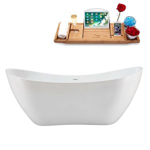 Streamline 71-in Glossy White Acrylic Oval Freestanding Bathtub w/ Matte Black Center Drain and Tray