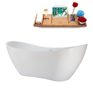 Baignoire autoportante ovale de 71 po Streamline acrylique blanc brillant avec drain central et plateau noir mat