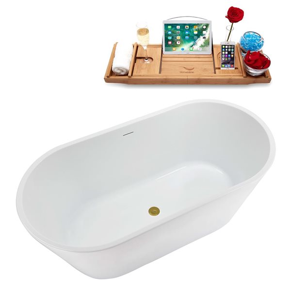 Streamline 59-in Glossy White Acrylic Oval Freestanding Bathtub w/ Brushed Gold Center Drain and Tray