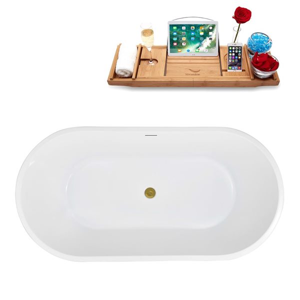 Streamline 59-in Glossy White Acrylic Oval Freestanding Bathtub w/ Brushed Gold Center Drain and Tray