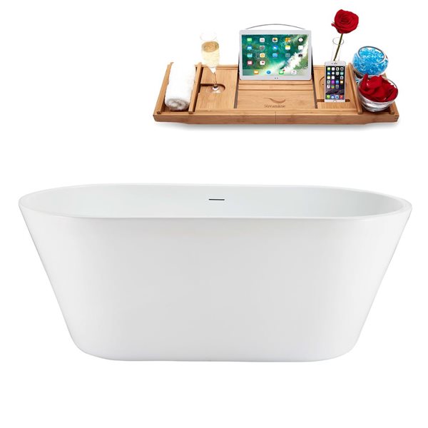 Streamline 59-in Glossy White Acrylic Oval Freestanding Bathtub w/ Brushed Gold Center Drain and Tray