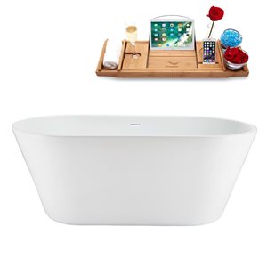 Streamline 59-in Glossy White Acrylic Oval Freestanding Bathtub w/ Brushed Gold Center Drain and Tray