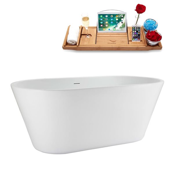 Baignoire autoportante ovale de 59 po Streamline acrylique blanc brillant avec drain central et plateau en or brossé