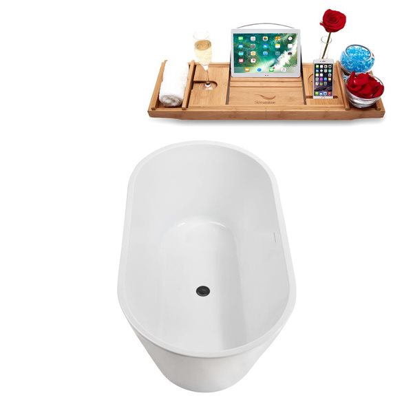 Baignoire autoportante ovale de 54 po Streamline acrylique blanc brillant avec drain central et plateau en bronze brossé