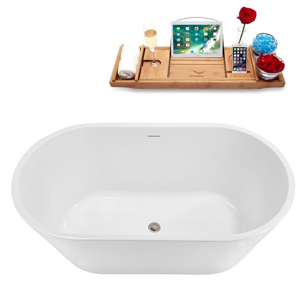 Baignoire autoportante ovale de 54 po Streamline acrylique blanc brillant avec drain central et plateau en nickel brossé