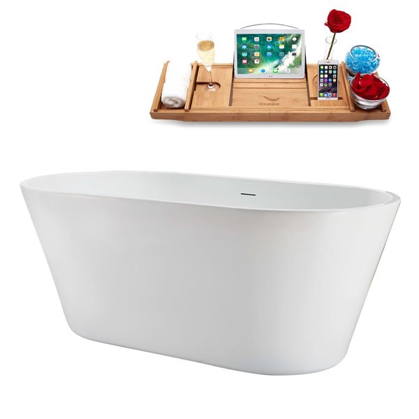 Baignoire autoportante ovale de 59 po Streamline acrylique blanc brillant avec drain central et plateau en nickel brossé