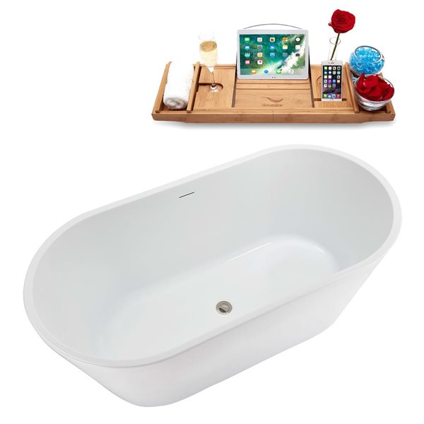 Baignoire autoportante ovale de 59 po Streamline acrylique blanc brillant avec drain central et plateau en nickel brossé