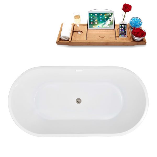 Baignoire autoportante ovale de 59 po Streamline acrylique blanc brillant avec drain central et plateau en nickel brossé