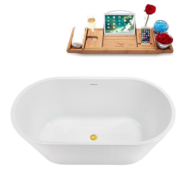 Baignoire autoportante ovale de 54 po Streamline acrylique blanc brillant avec drain central et plateau en or poli