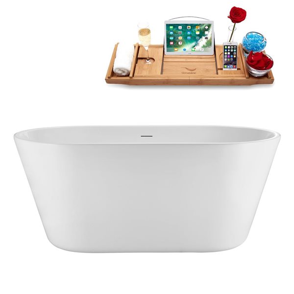 Streamline 54-in Glossy White Acrylic Oval Freestanding Bathtub w/ Polished Gold Center Drain and Tray