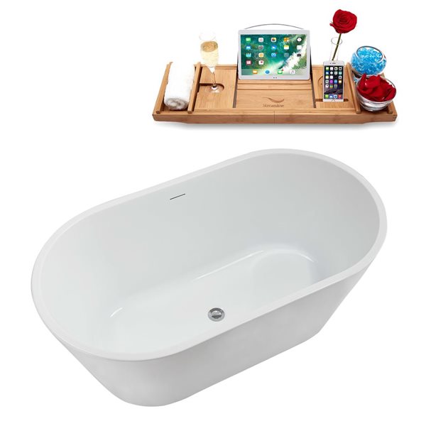 Streamline 54-in Glossy White Acrylic Oval Freestanding Bathtub w/ Polished Chrome Center Drain and Tray