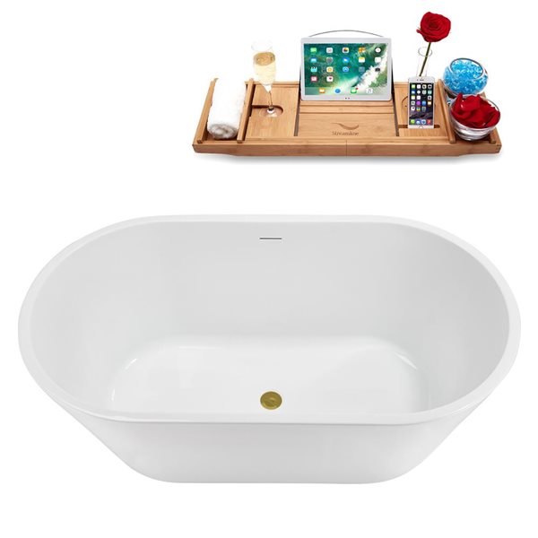 Baignoire autoportante ovale de 54 po Streamline acrylique blanc brillant avec drain central et plateau en or brossé