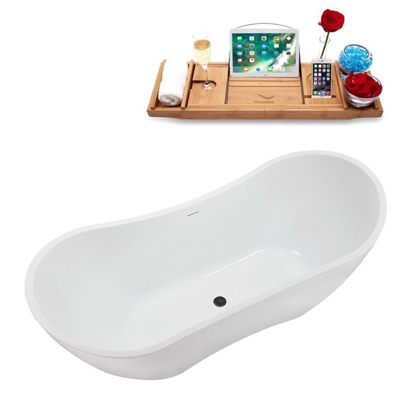 Streamline 71-in Glossy White Acrylic Oval Freestanding Bathtub w/ Brushed Gunmetal Center Drain and Tray