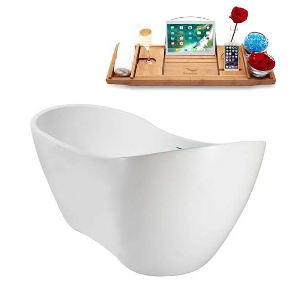 Streamline 71-in Glossy White Acrylic Oval Freestanding Bathtub w/ Brushed Gunmetal Center Drain and Tray