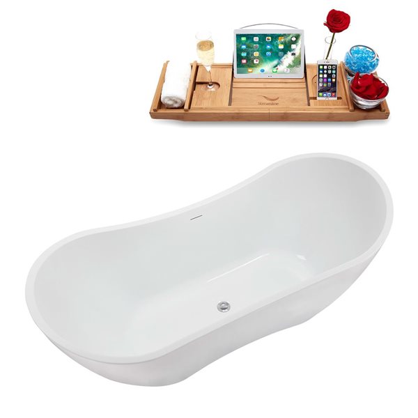 Streamline 71-in Glossy White Acrylic Oval Freestanding Bathtub w/ Polished Chrome Center Drain and Tray