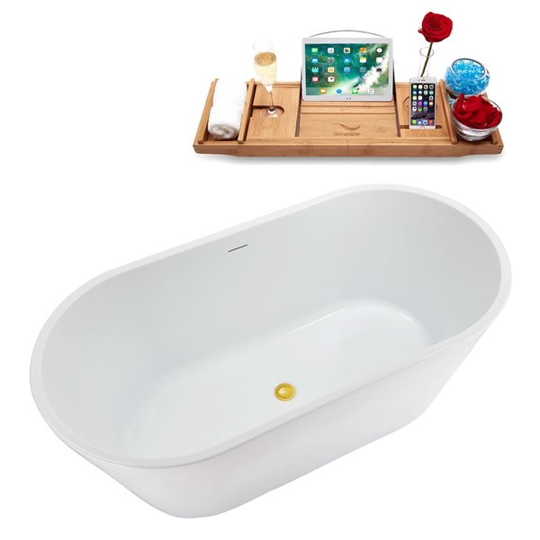 Streamline 59-in Glossy White Acrylic Oval Freestanding Bathtub w/ Polished Gold Center Drain and Tray