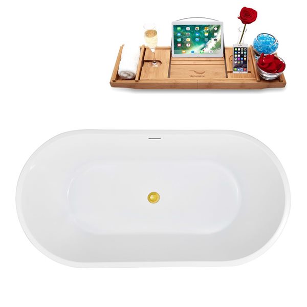 Streamline 59-in Glossy White Acrylic Oval Freestanding Bathtub w/ Polished Gold Center Drain and Tray