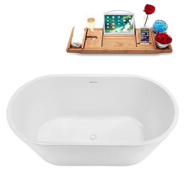 Baignoire ovale autoportante 54 po Streamline  acrylique blanc brillant avec drain central blanc brillant et plateau