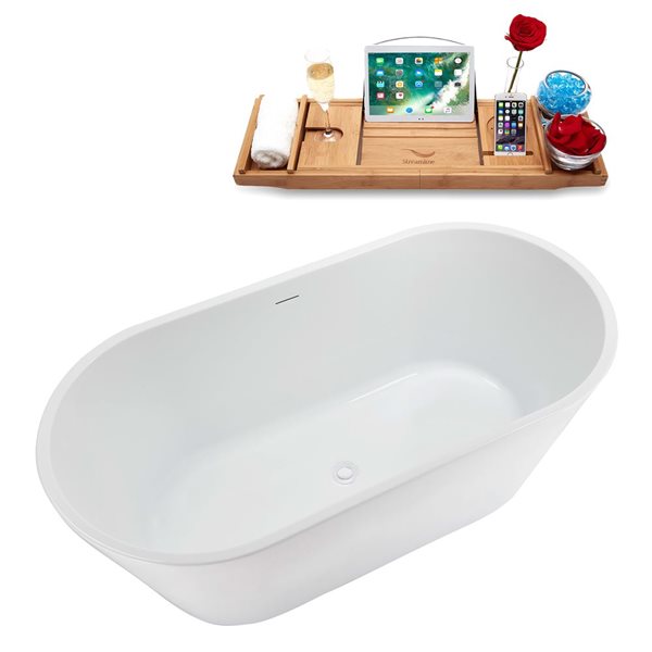 Baignoire autoportante ovale de 59 Streamline acrylique blanc brillant avec drain central et plateau blanc brillant