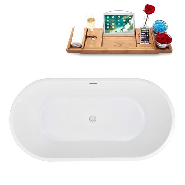 Baignoire autoportante ovale de 59 Streamline acrylique blanc brillant avec drain central et plateau blanc brillant