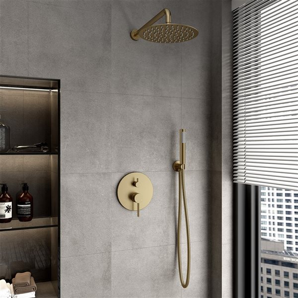 Clihome 10-in 2-Function Wall Mount Brushed Gold Round Shower Set