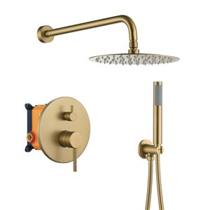 Clihome 10-in 2-Function Wall Mount Brushed Gold Round Shower Set