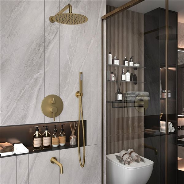 Clihome 10-in 3-Function Wall Mount Brusehd Gold Round Shower Set