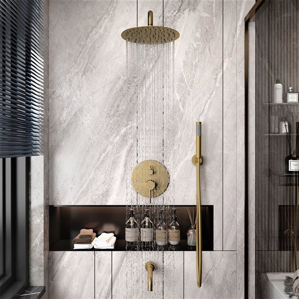 Clihome 10-in 3-Function Wall Mount Brusehd Gold Round Shower Set