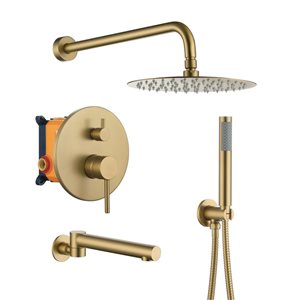 Clihome 10-in 3-Function Wall Mount Brushed Gold Round Shower Set with Swivel Bathtub Spout
