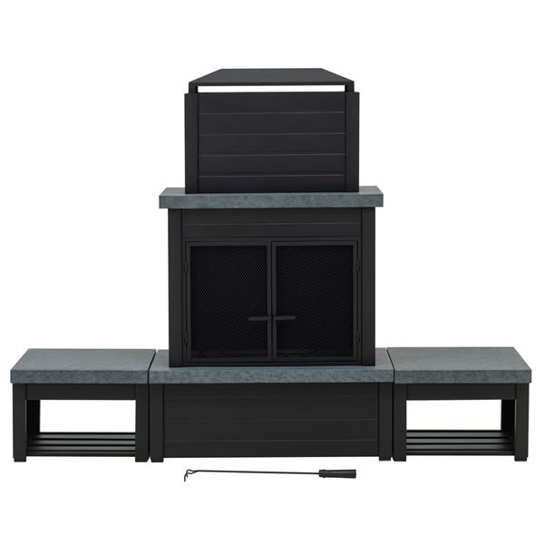 Foyer à bois extérieur de Sunjoy 20 x 76 po en acier noir mat avec cheminée, porte-bûches, tisonnier, housse PVC