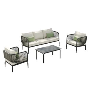 Sirio Hibiscus 4-piece Black Metal and Wicker Conversation Set - Off-White Cushions